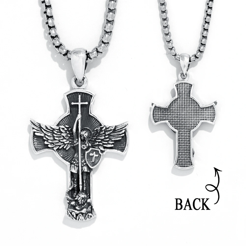 Sterling Silver St Michael & Cross Pendant Necklace for Men