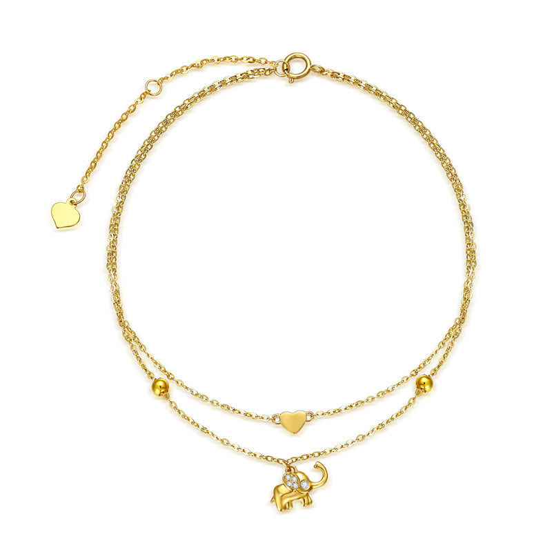 14K Solid Gold Elephant Layered Heart Anklet