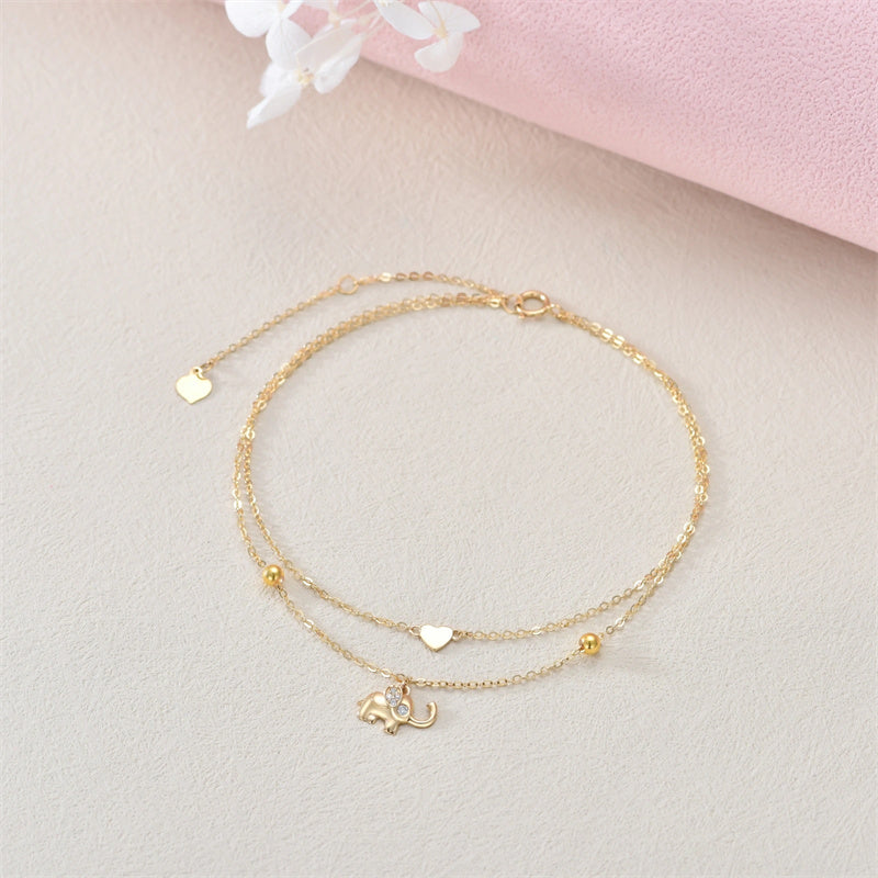 14K Solid Gold Elephant Layered Heart Anklet