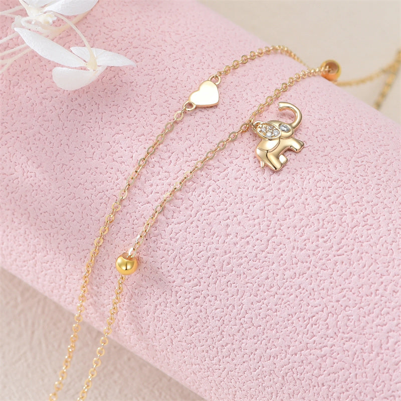 14K Solid Gold Elephant Layered Heart Anklet