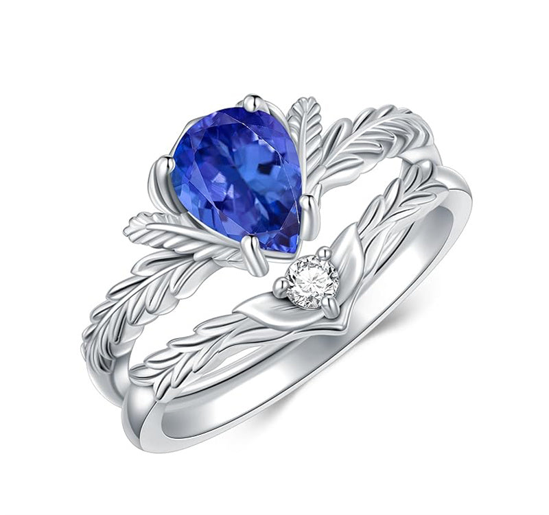 Sterling Silver Pear Cut Vine Leaf Gemstone Engagement Rings Set for Women