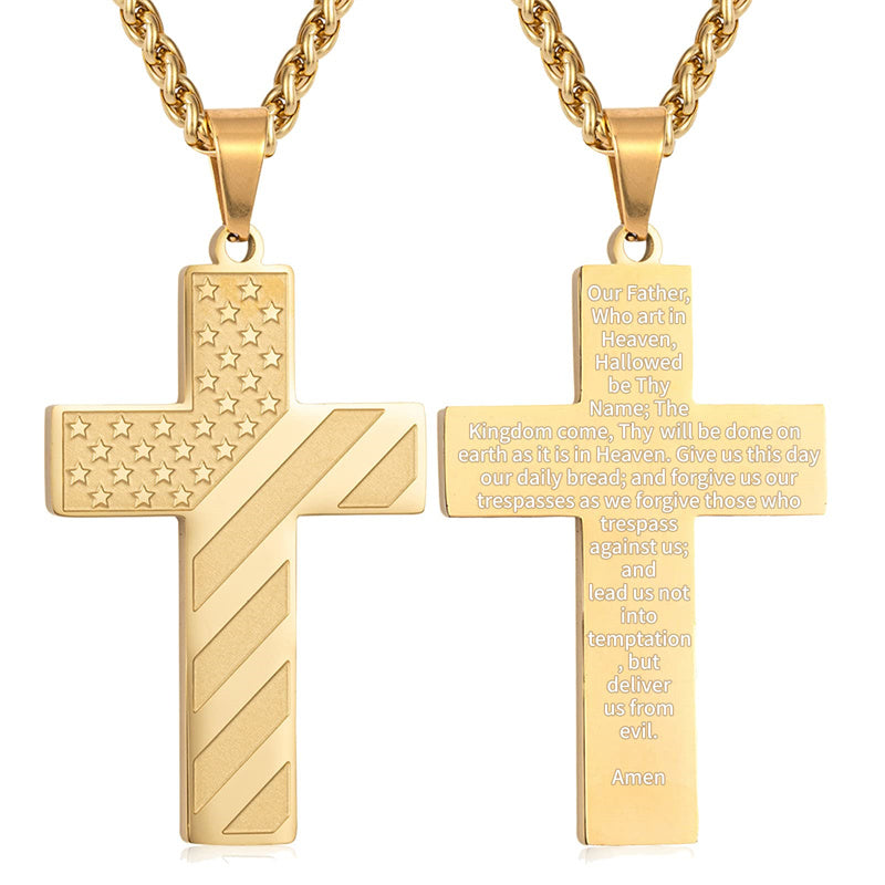 Stainless Steel Personalized Engraved American Flag Cross Pendant Necklace
