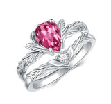 Sterling Silver Pear Cut Vine Leaf Gemstone Engagement Rings Set for Women