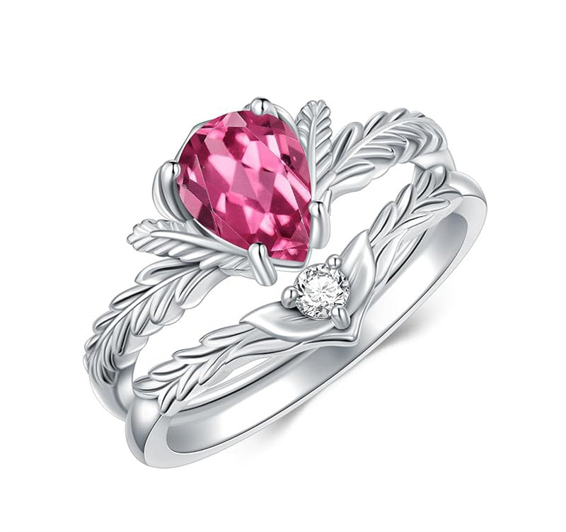 Sterling Silver Pear Cut Vine Leaf Gemstone Engagement Rings Set for Women