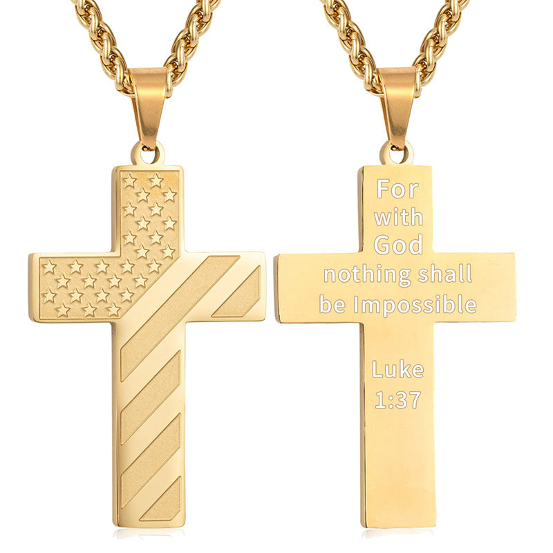 Stainless Steel Personalized Engraved American Flag Cross Pendant Necklace