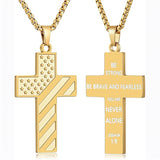 Stainless Steel Inspirational Bible Verse American Flag Cross Pendant Necklace