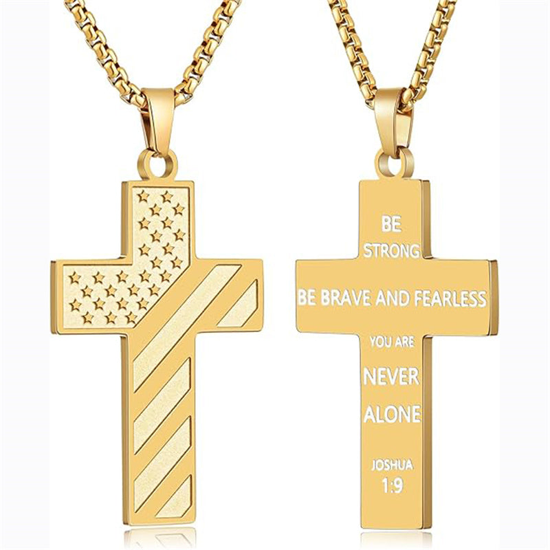 Stainless Steel Inspirational Bible Verse American Flag Cross Pendant Necklace