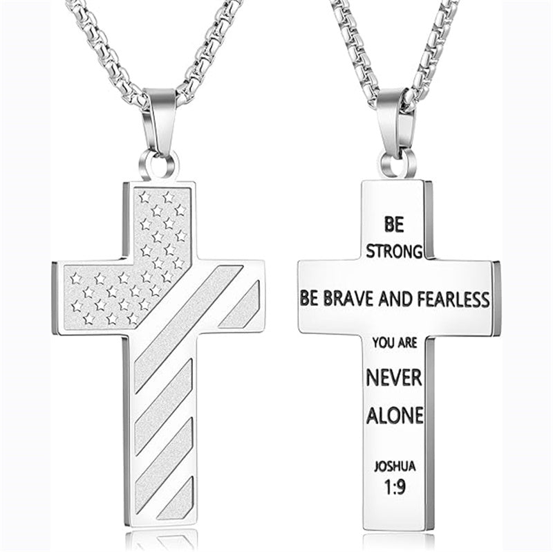 Stainless Steel Inspirational Bible Verse American Flag Cross Pendant Necklace