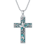 Sterling Silver Turquoise Personalized Engraved 12 Month Birth Flower Cross Pendant Necklace