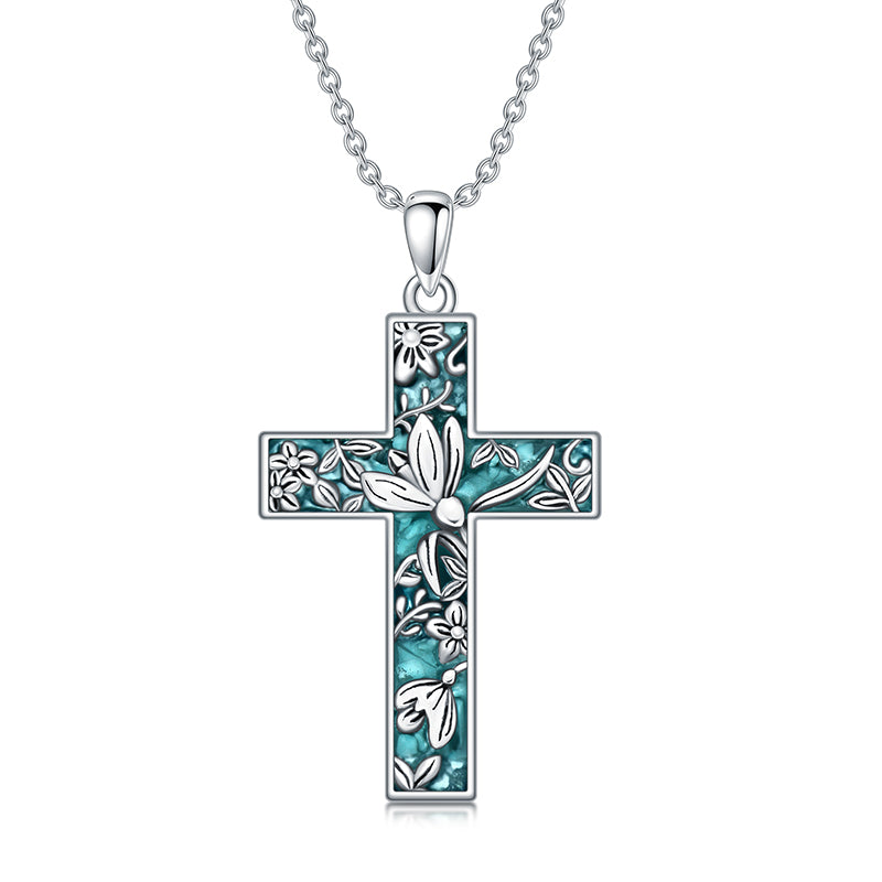 Sterling Silver Turquoise Personalized Engraved 12 Month Birth Flower Cross Pendant Necklace