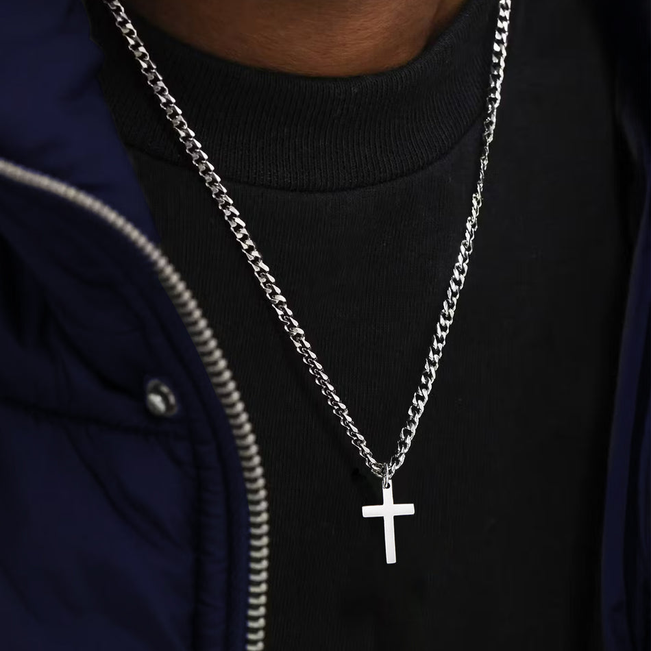 Cross with 3mm Cuban Chain Pendant Necklace for Men