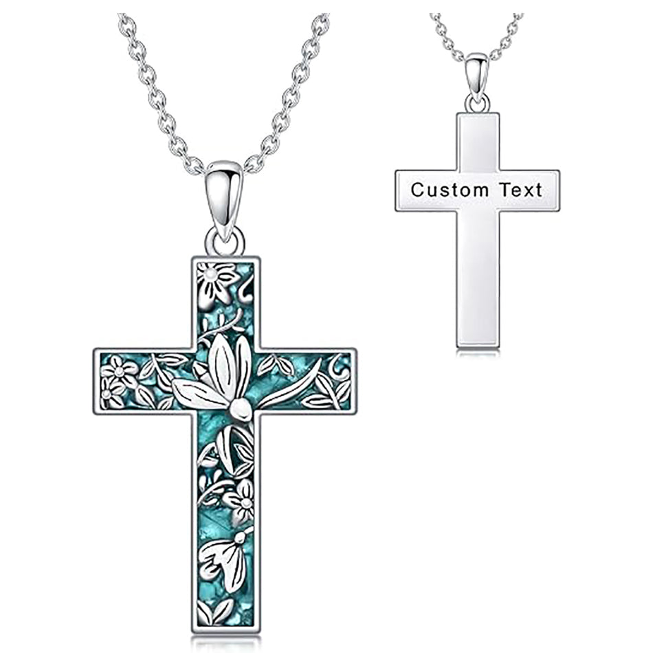 Sterling Silver Turquoise Personalized Engraved 12 Month Birth Flower Cross Pendant Necklace