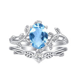 Sterling Silver Oval Shaped  Leaf Gemstone Engagement Rings Set for Women