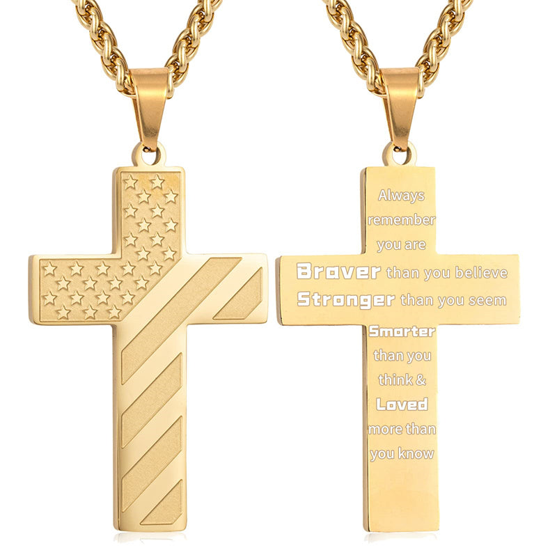 Stainless Steel Personalized Engraved American Flag Cross Pendant Necklace