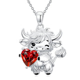 Sterling Silver Heart  Birthstone Highland Cow Pendant Necklace