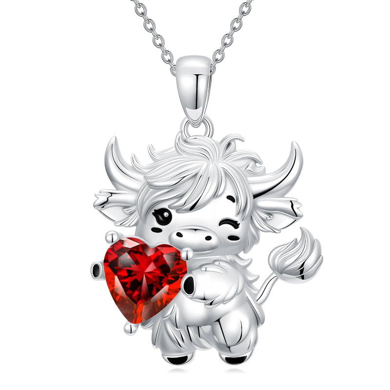 Sterling Silver Heart  Birthstone Highland Cow Pendant Necklace