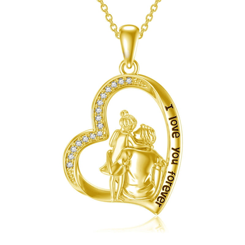 10K 14K 18K Gold Father Daughter Heart Pendant Necklace For Gift