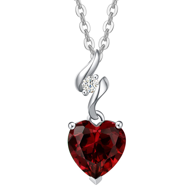 14K Solid White Gold Heart Gemstone Pendant Necklace with Sterling Silver Chain