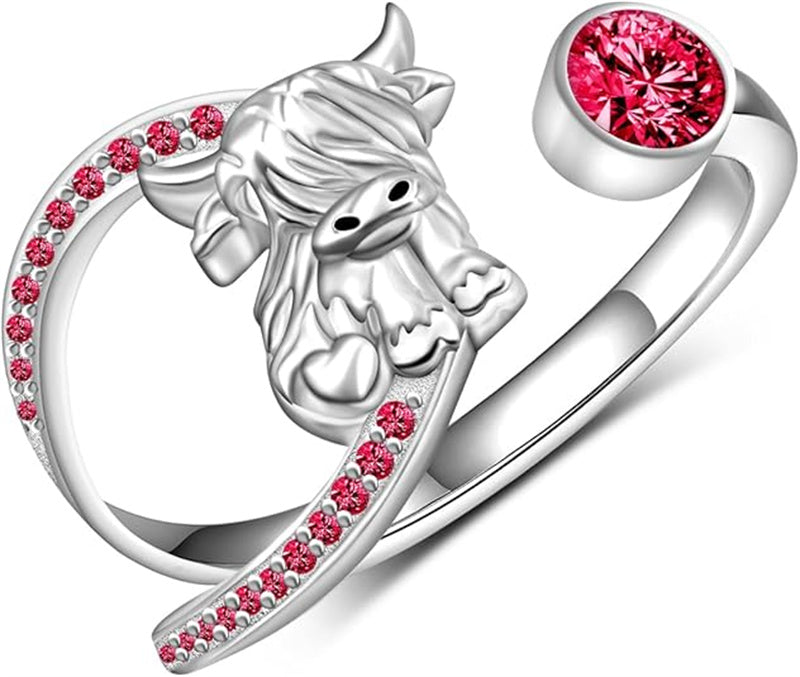 Sterling Silver Birthstone AdjustableHighland Cow Ring