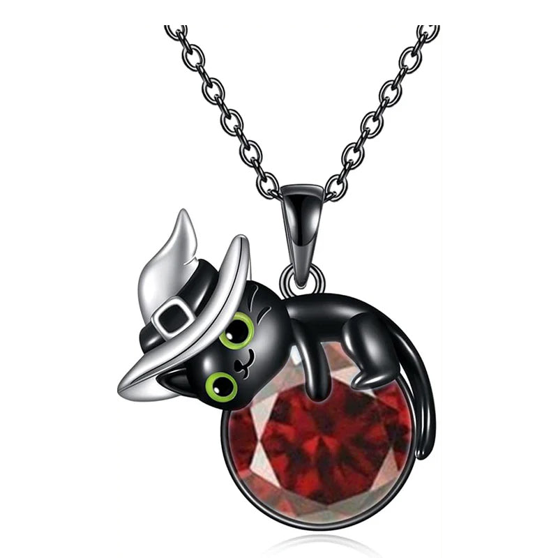 Sterling Silver Birthstone Black Cat Pendant Necklace