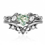 Sterling Silver Black Heart Moss Agate Engagement Wedding Ring Set for Women