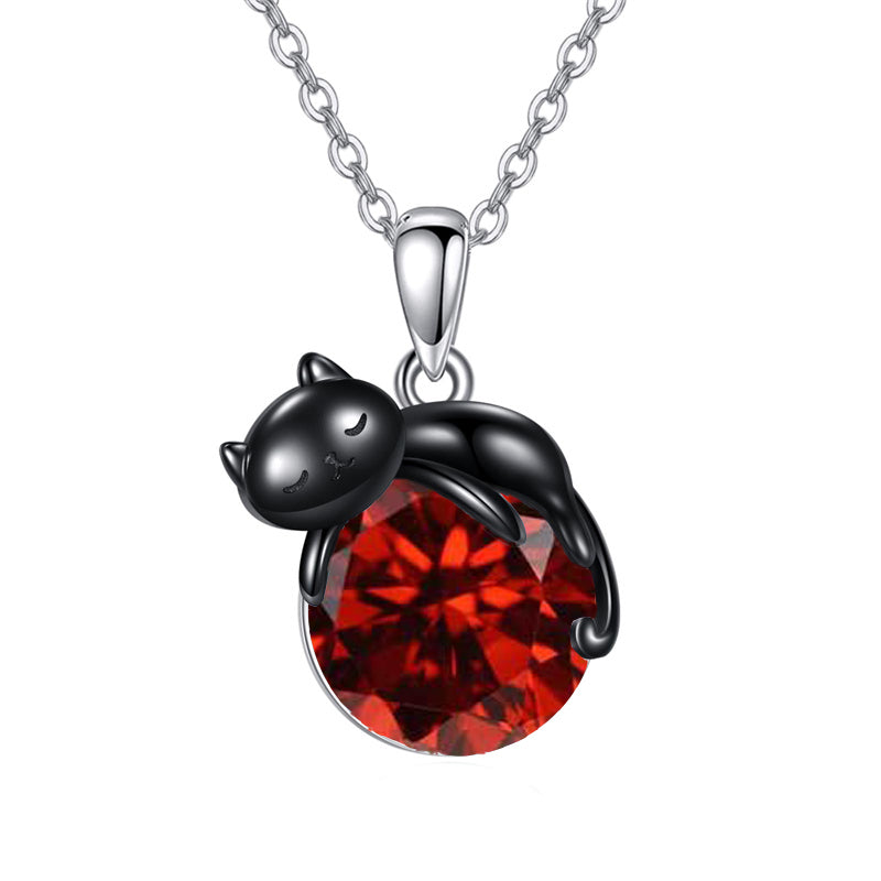 Sterling Silver Birthstone Infinity Black Cat Pendant  Necklace
