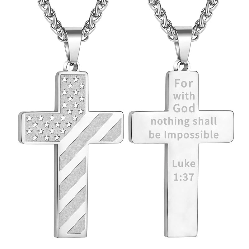 Stainless Steel Personalized Engraved American Flag Cross Pendant Necklace