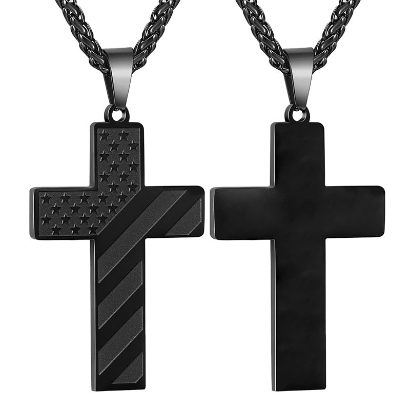 Stainless Steel Personalized Engraved American Flag Cross Pendant Necklace