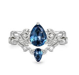 Sterling Silver 10K 14K 18K Gold Pear Cut Gemstone Leaf  Engagement Ring Set