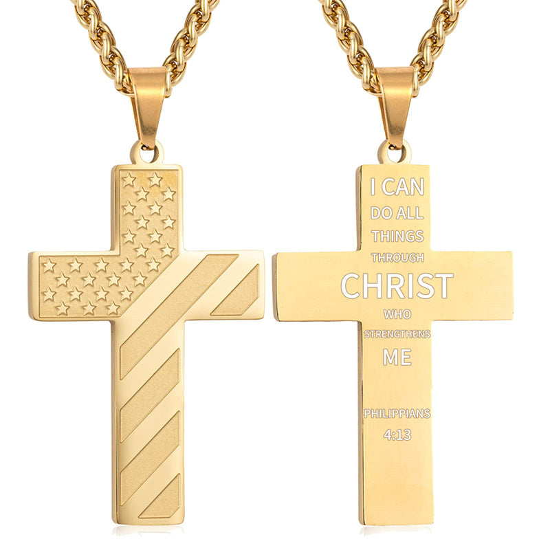 Stainless Steel Personalized Engraved American Flag Cross Pendant Necklace
