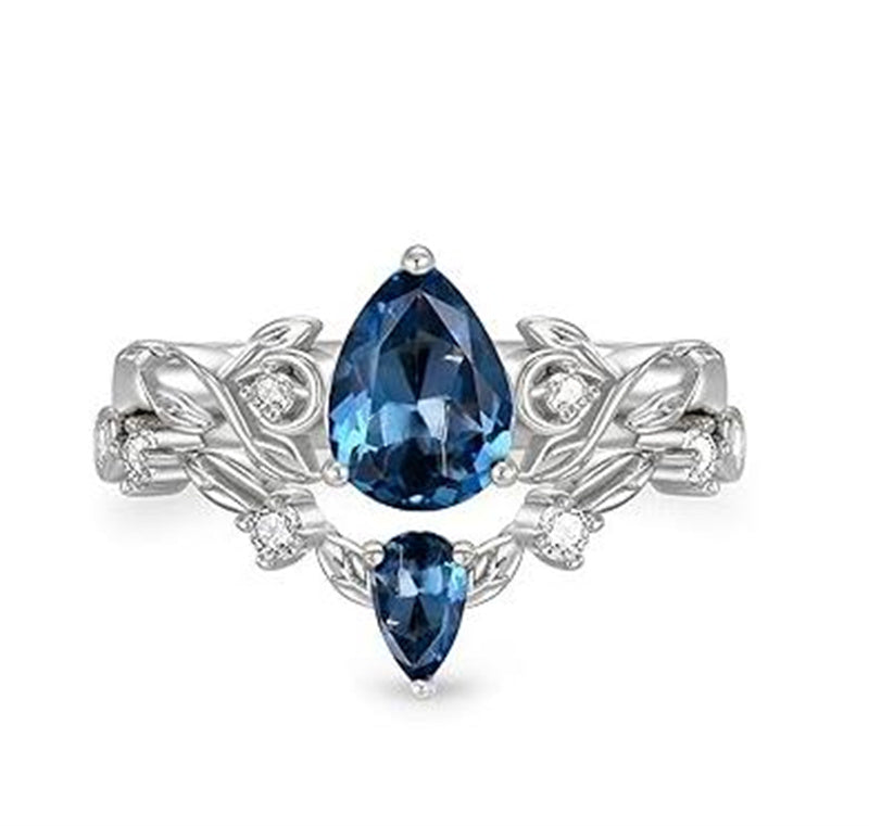 Sterling Silver 10K 14K 18K Gold Pear Cut Gemstone Leaf  Engagement Ring Set