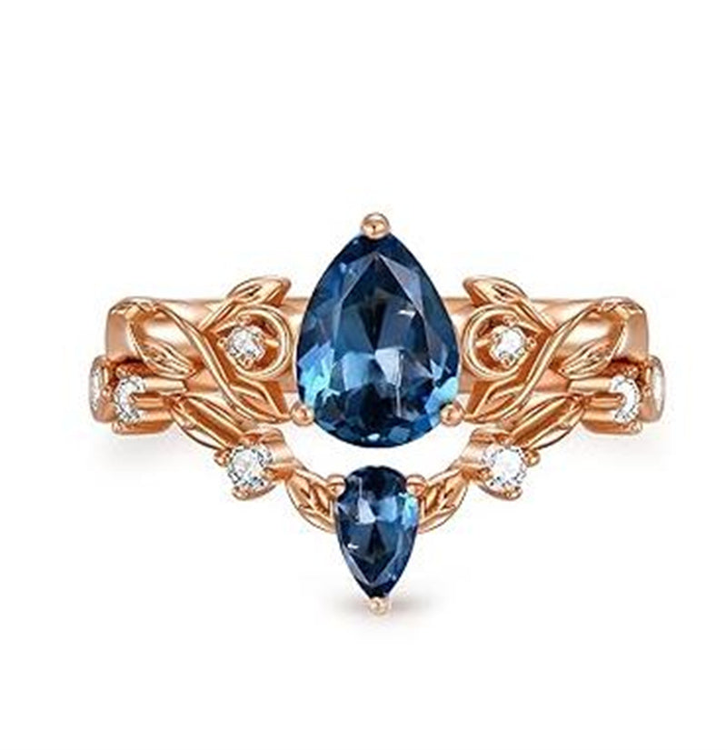 Sterling Silver 10K 14K 18K Gold Pear Cut Gemstone Leaf  Engagement Ring Set