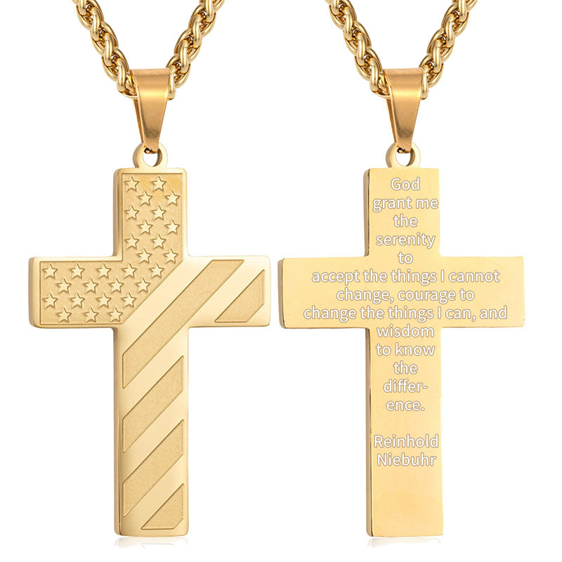 Stainless Steel Personalized Engraved American Flag Cross Pendant Necklace
