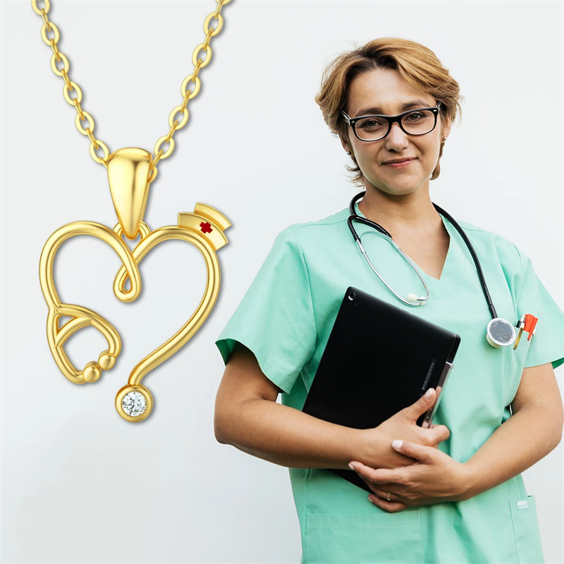 14K Gold Heart-Shaped Stethoscope Pendant Necklace