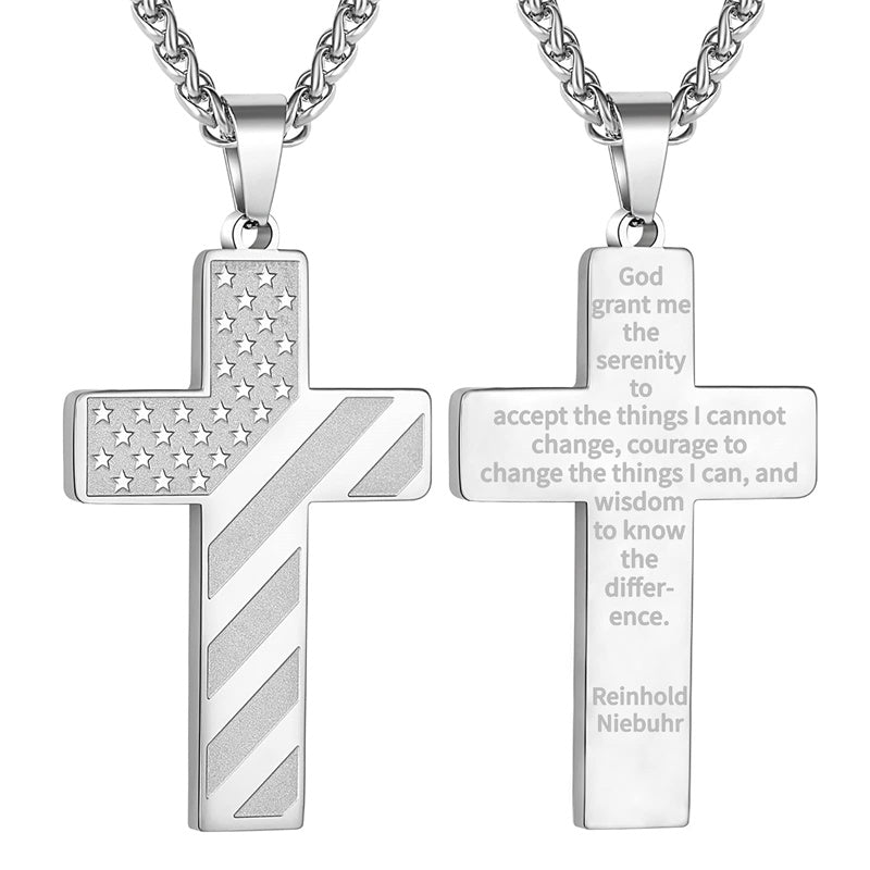 Stainless Steel Personalized Engraved American Flag Cross Pendant Necklace
