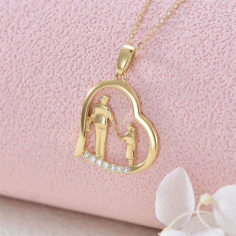 10K 14K 18K Gold Father Daughter Heart Pendant Necklace For Gift