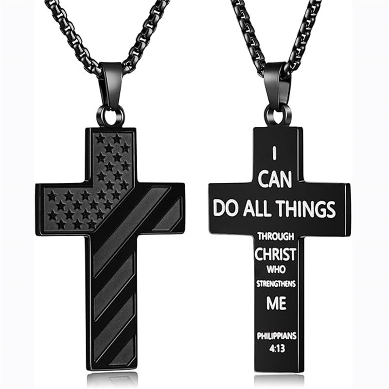Stainless Steel Inspirational Bible Verse American Flag Cross Pendant Necklace