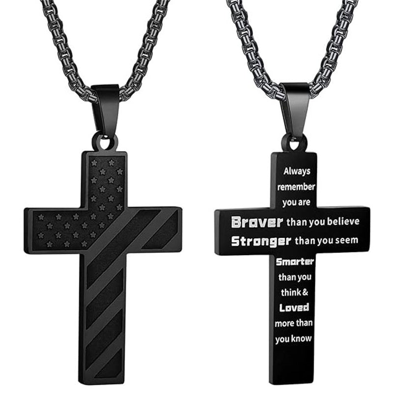 Stainless Steel Inspirational Bible Verse American Flag Pendant Necklace for Men