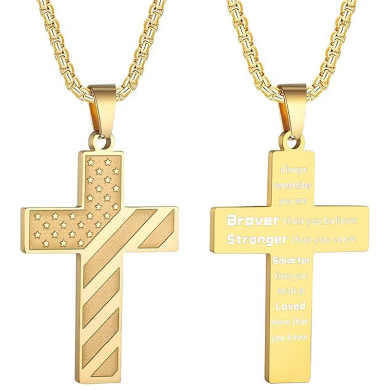 Stainless Steel Inspirational Bible Verse American Flag Pendant Necklace for Men