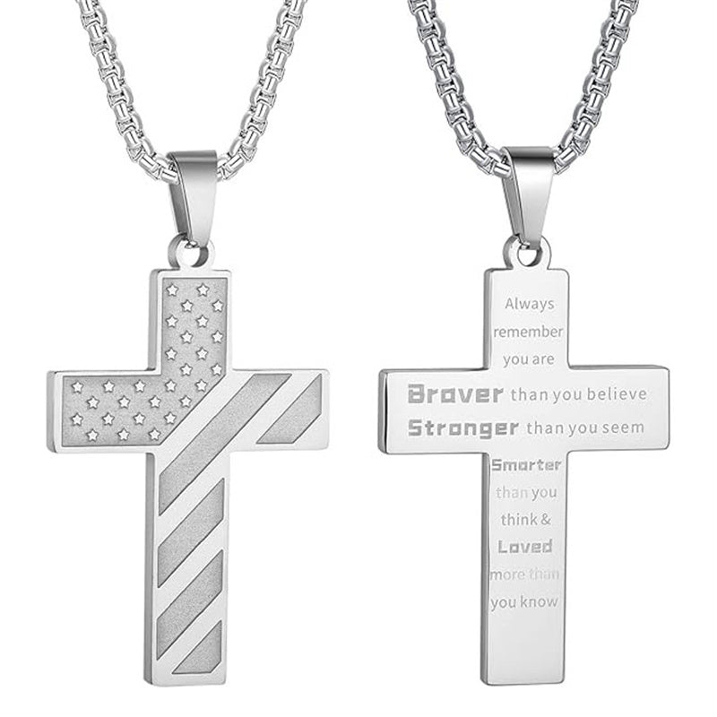 Stainless Steel Inspirational Bible Verse American Flag Pendant Necklace for Men