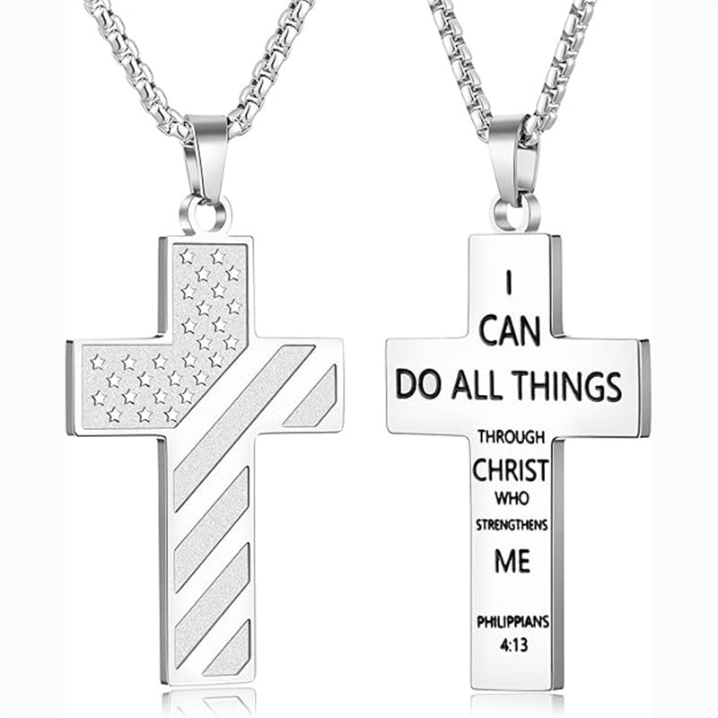 Stainless Steel Inspirational Bible Verse American Flag Cross Pendant Necklace