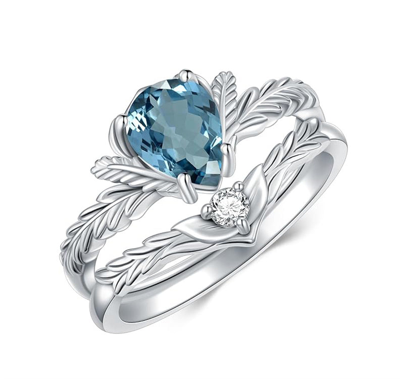 Sterling Silver Pear Cut Vine Leaf Gemstone Engagement Rings Set for Women