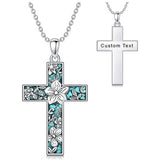 Sterling Silver Turquoise Personalized Engraved 12 Month Birth Flower Cross Pendant Necklace