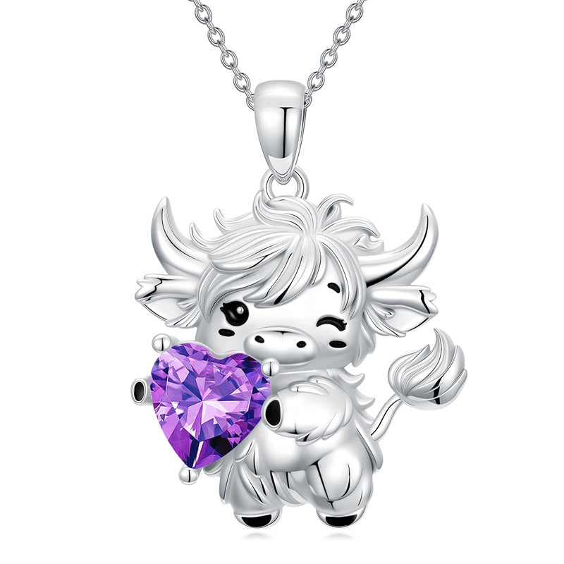 Sterling Silver Heart  Birthstone Highland Cow Pendant Necklace