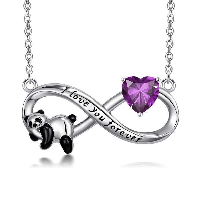 Sterling Silver Birthstone Infinity Panda Pendant Necklace Engraved with I Love Forever