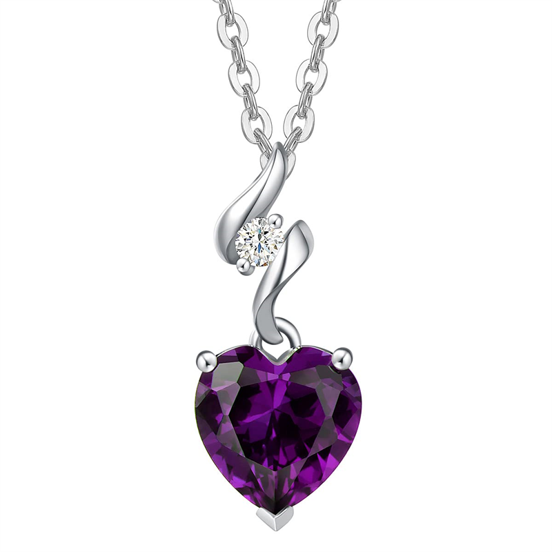 14K Solid White Gold Heart Gemstone Pendant Necklace with Sterling Silver Chain
