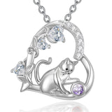 Sterling Silver 12 Month Birthstone Cat Pendant Necklace Gifts for Cat Lovers