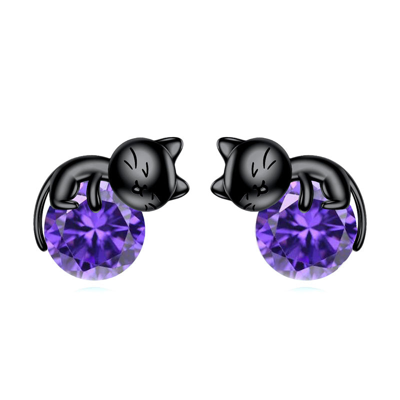 Sterling Silver Birthstone Cat Stud Earrings