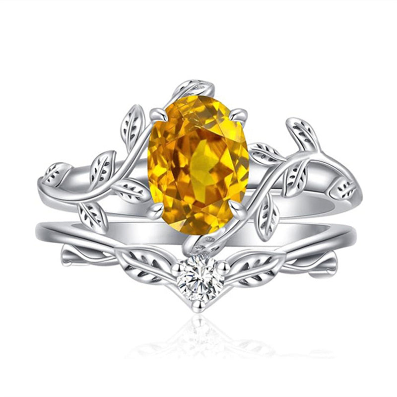 Sterling Silver Oval Shaped  Leaf Gemstone Engagement Rings Set for Women