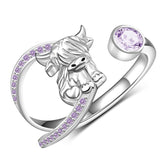 Sterling Silver Birthstone AdjustableHighland Cow Ring